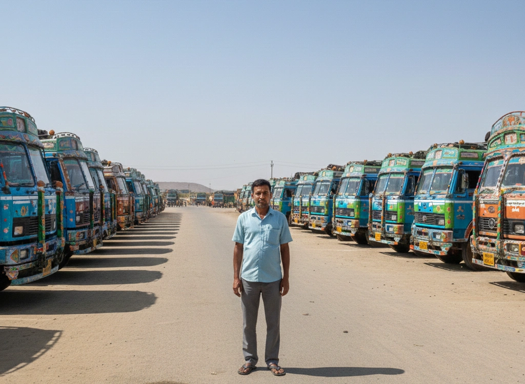 Row of commercial trucks parked at a fleet yard with a driver standing in front