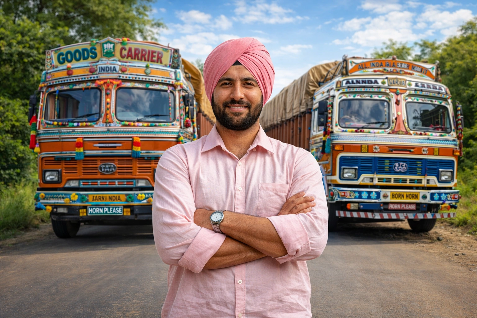 Truck owner standing in front of decorated goods carrier trucks