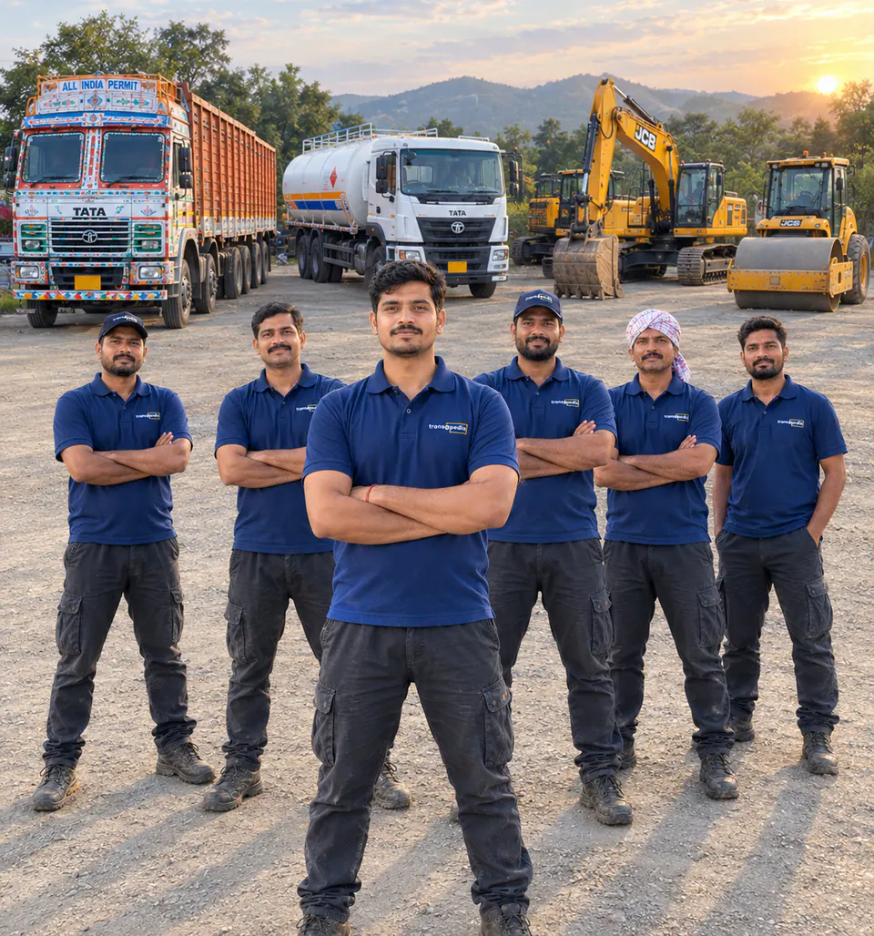 Verified Transopedia drivers standing in front of trucks, a tanker and JCB machines