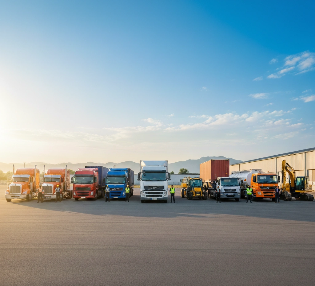 Mixed commercial fleet of trucks, tankers and an excavator lined up at an industrial site